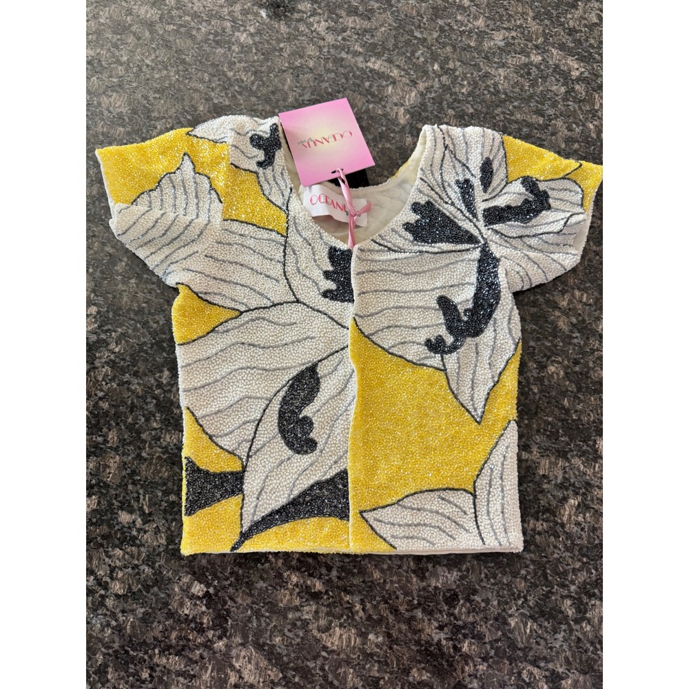 Oceanus The Label Maya Petal Hand Beaded Mesh Top White Yellow Black Size S NWT